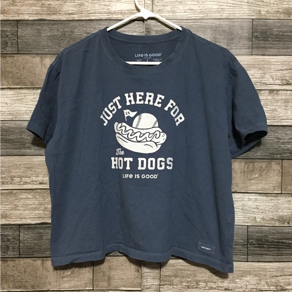 Life Is Good Crusher Tee Women’s L Blue Gray Baseball Just Here For The Hot Dogs - Picture 4 of 9